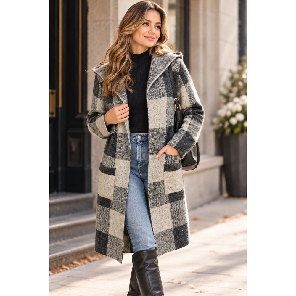 Monteau Hooded Plaid Cardigan S Gray Cream Long Open Front Sweater Coat Pockets